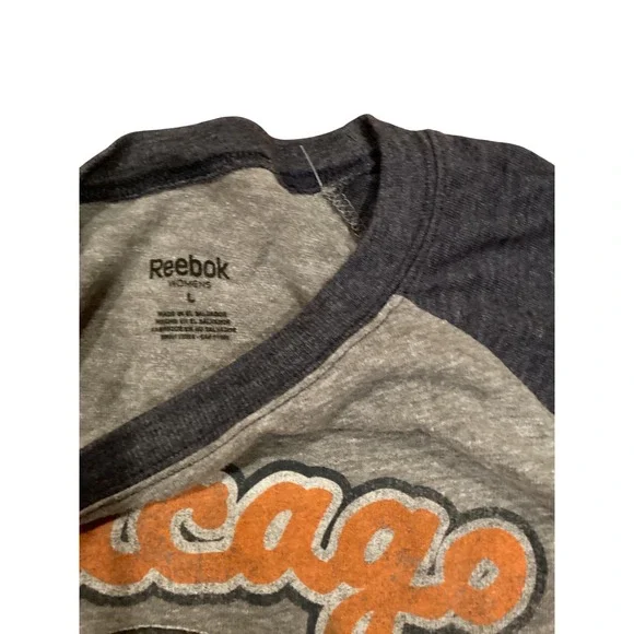 Reebok Chicago Bears Womens Raglan Shirt Gray Navy Blue 3/4 Sleeve Graphic Tee L - Picture 2 of 5